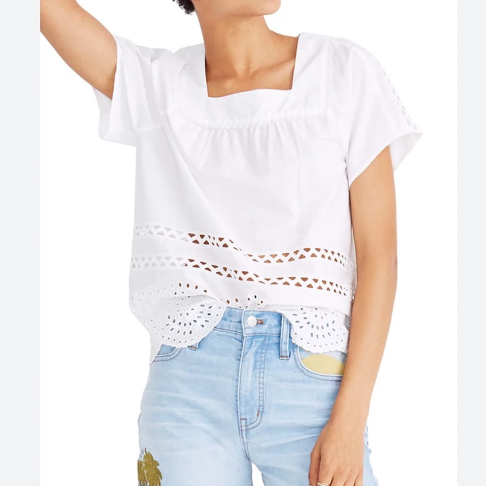 Madewell By Anthropologie White Cotton Boho Blouse Short Sleeves Eyelet Size: S